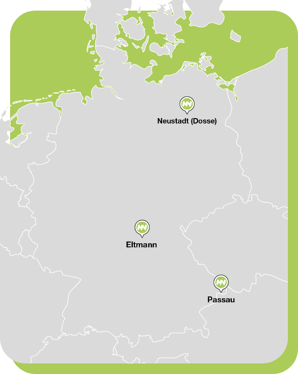 Übersichtskarte mit Servicestandorten von Hüffermann in Neustadt (Dosse), Eltmann und Passau für Umrüstungen